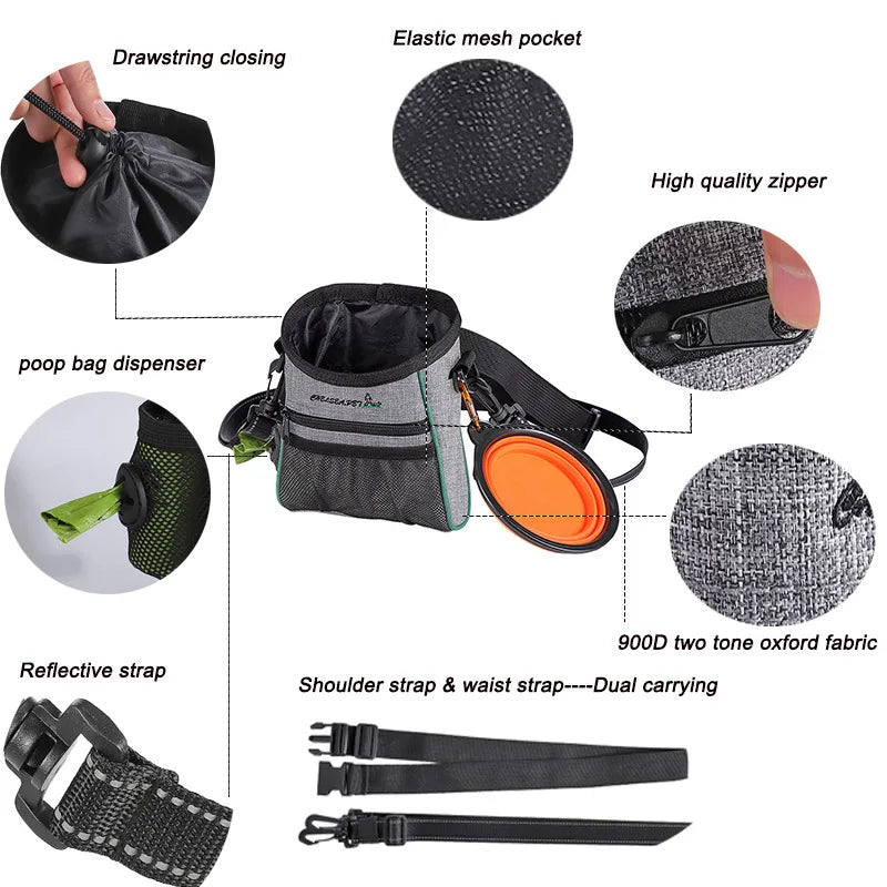 Sac d'entraînement pour animaux de compagnie avec pochettes de friandises pour ceinture et porte-craie, sac mains libres réglable pour les cours d'obéissance de randonnée et les exercices en plein air