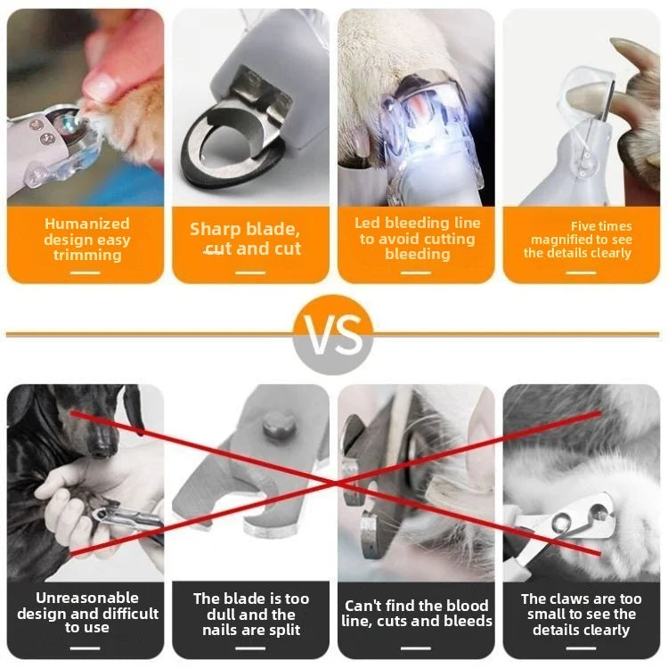 Pet nail clippers, large light-up nail clippers, LED splash-proof nail clippers for cats and dogs, and pet cleaning supplies